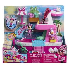 the minnie mouse playset is in its pink box and has accessories for all kinds of toys