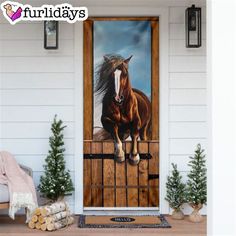 a painting of a horse jumping over a fence on the front door of a house