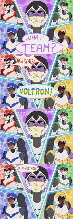 an image of some cartoon characters with different colors and shapes on them, including the words what team? voltron