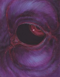 an eyeball is shown in the center of a purple painting with red streaks on it