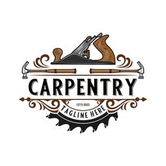 the logo for carpentry, a fine woodworking shop that is located in an old