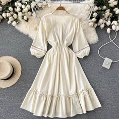 Fabric: blended Color: champagne Size(cm): free size(1inch=2.54cm) length 100cm bust 84-100cm waist 50-76cm sleeve length 43cm Please check the size carefully when you choose items. For more pictures of the dress, please contact us, thank you. Long Sleeve Embroidered Beige Dress, Beige Embroidered Long Sleeve Dress, Embroidered Beige Midi Dress, Chic Beige Embroidered Dress, Elegant Embroidered Cream Midi Dress, Elegant Cream Embroidered Midi Dress, Chiffon Shirt Dress, Dress Elegant Long, Lantern Sleeve Top