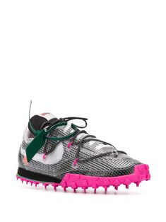 "Find NIKE X OFF WHITE Waffle Racer Sp \"\"black/fuchsia\"\" Sneakers on Editorialist. black/white/laser fuchsia pink leather round toe flat rubber sole spike stud detailing front lace-up fastening signature Swoosh logo detail signature Zip Tie tag These styles are supplied by a premium sneaker marketplace. Stocking only the most sought-after footwear, they source and curate some of the most hard to find sneakers from around the world" Off White Waffle Racer, Nike X Off White, Bedazzled Shoes Diy, Shoe Designs, Fresh Sneakers, Street Sneakers