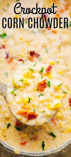 a spoonful of crockpot corn chowder in a bowl with the title above it