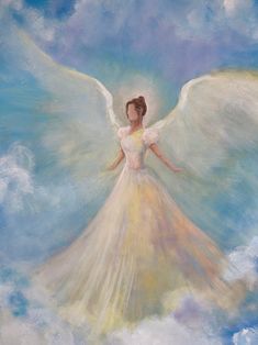 a painting of an angel standing in the clouds with her arms spread out and wings outstretched