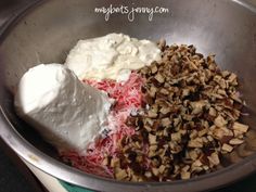 the ingredients for this dish are mixed together in a metal bowl