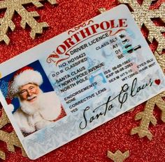 a christmas id card with santa clause on it