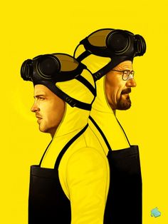 two men with goggles on their heads, one wearing a yellow shirt and black pants