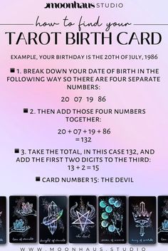 a birthday card with images of zodiac signs and numbers on the front, along with text that reads how to find your tarot birth card