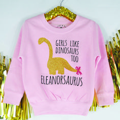 a pink sweatshirt with gold glitters on it that says girls like dinosaurs too eleanrosaurs