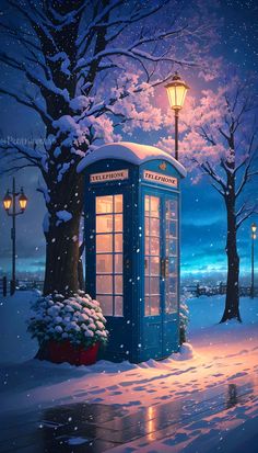 a painting of a blue phone booth in the snow at night with street lights and trees