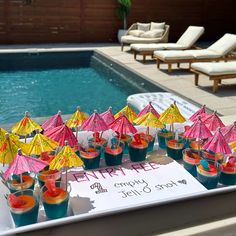 tray of blue jello shots in front of a pool 22 Birthday Pool Party Ideas, Pool Party Drink Ideas, 25th Birthday Pool Party Ideas, Summer Vibes Party Ideas, Lou Out Party Ideas, 21 Pool Party Ideas, Poolside Party Ideas, Pool Party Inspiration