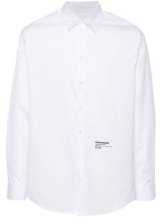 white cotton poplin texture tonal stitching logo print to the front classic collar long sleeves buttoned cuffs curved hem box-pleat detail front button fastening Designer Cotton Dress Shirt For Office, Designer White Cotton Dress Shirt, Designer Cotton Button-up Dress Shirt, Modern Cotton Dress Shirt With Concealed Placket, Classic Tops With Logo Print For Workwear, Stitching Logo, Dean And Dan Caten, Rick Owens Jacket, Balenciaga Triple S