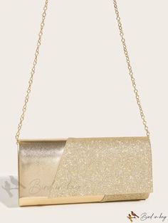 Bird in Bag - Gold-Tone Glitter Flap Clutch Bag for Women, Can Be Worn Crossbody or Carried by Hand, Perfect for Gold Glitter Evening Bags, Party Glitter Gold Bags, Gold Glitter Party Bags, Gold Glitter Bags For Night Out, Gold Rectangular Bags With Glitter, Gold Glitter Evening Bag For Night Out, Gold Glitter Clutch Bag, Minimalist Bag, Style Minimalist