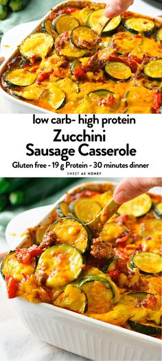 low carb - high protein zucchini sausage casserole in a white dish