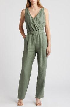 Get to the fun faster in a one-and-done jumpsuit cut from lightweight linen and perfected with a pair of pockets. 57 1/2" length; 30" inseam; 16" leg opening (size Medium) Hidden side-zip closure Surplice V-neck Sleeveless Side-seam pockets 100% linen Machine wash, line dry Made in Portugal Chic Linen Jumpsuits And Rompers With Pockets, Green Linen Casual Jumpsuits And Rompers, Casual Green Linen Jumpsuits And Rompers, Relaxed Fit Linen Jumpsuit With V-neck, Spring Green Linen Jumpsuits And Rompers, Green Linen Jumpsuits And Rompers For Spring, Linen Jumpsuits And Rompers For Summer, Solid Color Linen Jumpsuits And Rompers For Summer, Casual Linen Overall Jumpsuits And Rompers