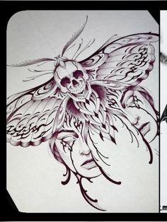 two pictures one with a skull and the other with a butterfly on it's wings