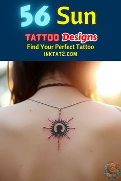 the back of a woman's neck with sun tattoo designs on her upper and shoulder