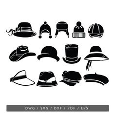 the silhouettes of hats are shown in black and white