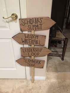 a wooden sign that says, school's summit, wispom waterfall, leadership loop and teamwork trail