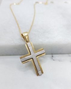 14k Gold Cross Pendant. A Greece Orthodox Baptism Solid Cross  from Yellow & White Gold with Matte Finished A modern two color cross with a distinctive design ideal for a baptismal cross for both girls and boys. A gold cross jewel for life A piece of jewelry not only for baptism but ideal gift  for yourself or your loved one person -It can be personalized by engraning on the back side of the cross a name or a date- Details: Height35 mm Width:21 mm Weight:Approximately 5.0gr 14k  Metal:14k White White Crucifix Necklace For Formal Occasions, White Cross Pendant Necklace For Baptism, Classic White Cross Necklace For Anniversary, White Cross Necklace For Baptism, White Crucifix Necklace For Baptism, Gold Necklace For Men, Boy Christening, Gold Cross Pendant, Cross Jewelry