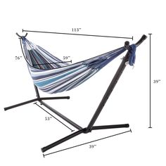 a blue and white striped hammock sitting on top of a wooden stand with measurements