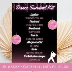 the dance survival kit is shown with pink and black decorations on it, along with an image of a dancer