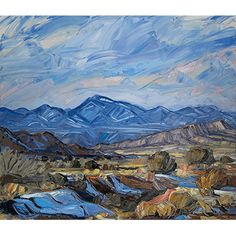 an oil painting of mountains in the distance with blue sky and white clouds above them