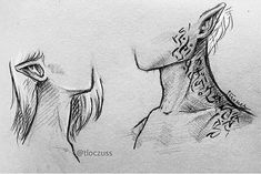 two drawings of the back and side of a woman's head with words written on it