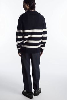 WOOL AND COTTON-BLEND HALF-ZIP JUMPER - Navy - COS Cashmere Funnel Neck Polo Sweater, Cashmere Turtleneck Polo Sweater, Wool Polo Sweater With Funnel Neck For Fall, Wool Turtleneck Polo Sweater, Wool Funnel Neck Polo Sweater For Fall, Wool Turtleneck For Workwear, Wool Turtleneck For Work, Wool Turtleneck Sweater With Ribbed Collar, Turtleneck Polo Sweater For Work