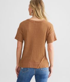 BKE Rib Knit Thermal Top - Brown Medium, Women's Rust Brown Raw edge open weave top Bust measures 34 on size small Body length 23 on size small. Self: 48% Polyester 37% Cotton 12% Rayon 3% Spandex. Contrast: 49% Rayon 48% Polyester 3% Spandex. Machine wash cold with like colors. Tumble dry low. Do not bleach. Use cool iron if needed. Do not dry clean.. Measurements: Bust -Fullest part of bust with arms at sides. Waist -Circumference of natural waist: above belly button below rib cage. Hips -Stan Brown Textured Knit V-neck Top, Brown Short Sleeve Knit Top For Fall, Brown Crew Neck Knit Top For Layering, Casual Brown Textured Knit Top, Brown Short Sleeve Knit Sweater, Brown Knit Short Sleeve Sweater, Casual Brown Waffle Knit Sweater, Brown Short Sleeve Sweater For Fall, Brown Waffle Knit Casual Sweater