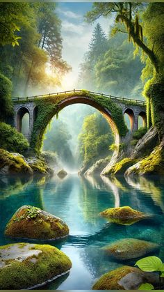 a painting of a bridge in the middle of a forest with moss growing on it