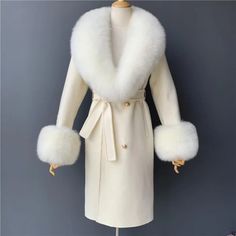 Women's Wool Coat With Natural Fox Fur Collar - Family Shopolf Cashmere Coat Women, Wool Fox, Long Outerwear, Fur Decor, Real Fur Coat, Long Overcoat, Wool Coat Women, Beautiful Cover, Women Sleeve