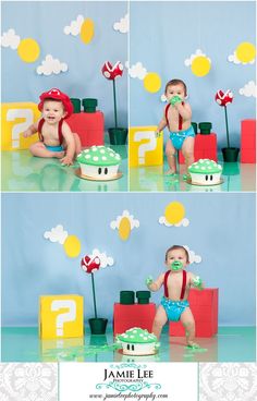 a baby sitting in front of a cake on top of a green and yellow table