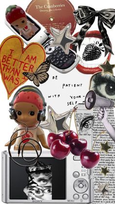 a collage of various items including an old camera, headphones and heart shaped stickers