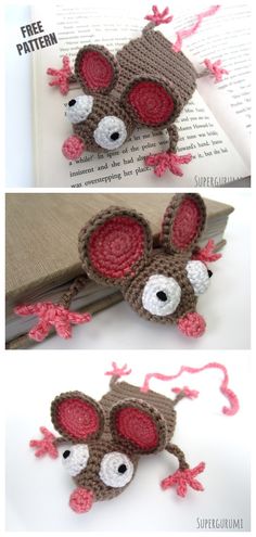 crocheted mouse bookmarks made to look like they have eyes and ears