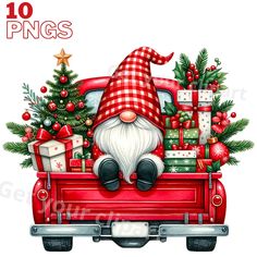 a santa clause sitting in the back of a red truck with presents on it's bed