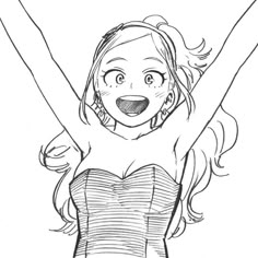 a drawing of a girl with her arms up in the air, and one hand raised