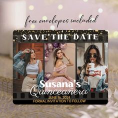 the save the date flyer is shown with three women in dresses and one woman wearing sunglasses