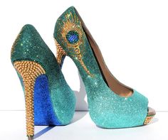 Crystal Bridal Shoes or Heels - Wedding Shoes at Wicked Addiction – Page 2 Peacock Heels, Diy Glitter Shoes, Peacock Shoes, Closed Toe Heels, Fun Heels, Bridal Heels, Gold Colors, Peacock Design, Glitter Shoes