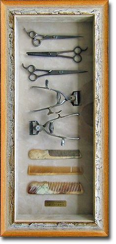 there are many different types of scissors and combs in a shadow box on the wall