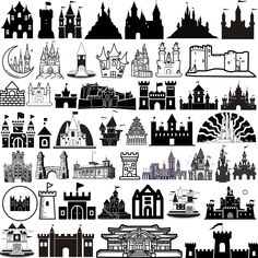 black and white silhouettes of castles, buildings, and other architectural details on a white background