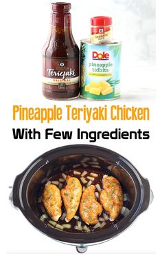 three ingredient crockpot teriyaki chicken recipe in the slow cooker with text overlay