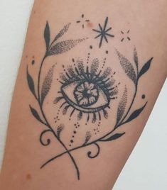 a black and white tattoo with an eye on it