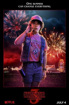 the poster for netflix's new series, stranger things 3 is shown in front of fireworks