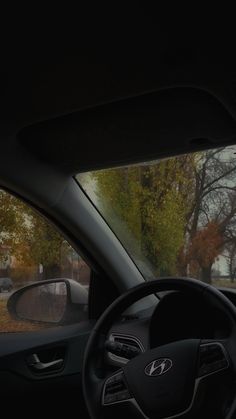 the inside view of a car with trees in the background