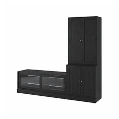 a black entertainment center with doors and drawers