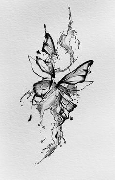 a black and white drawing of a butterfly with water splashing on it's wings