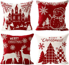 four pillows with christmas designs on them, one in red and the other in white