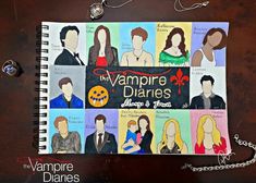 a notebook with an image of the vampire's characters on it and a chain attached to it